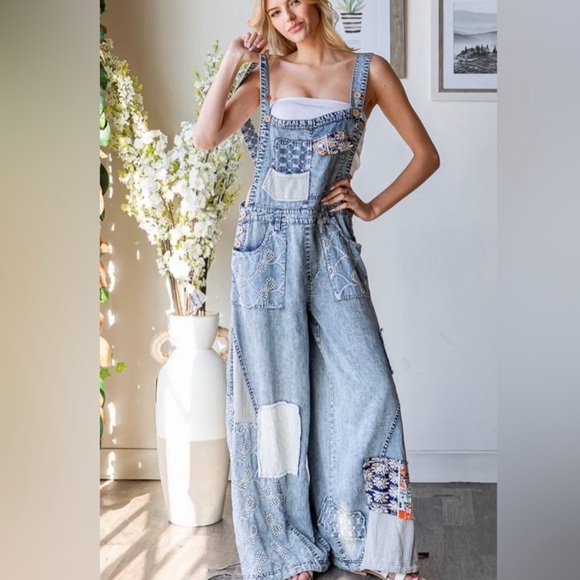 Oli & Hali Love Goddess Overalls | Patchwork Denim Wide-Leg Drawstring Jumpsuit - Picture 10 of 10